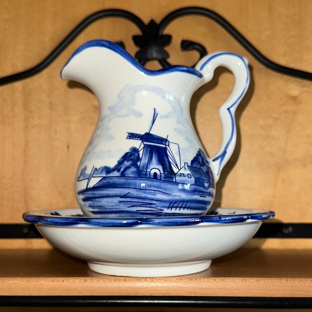 Delft Blue Handpainted Ceramic Pitcher with Saucer - Holland, The Netherlands